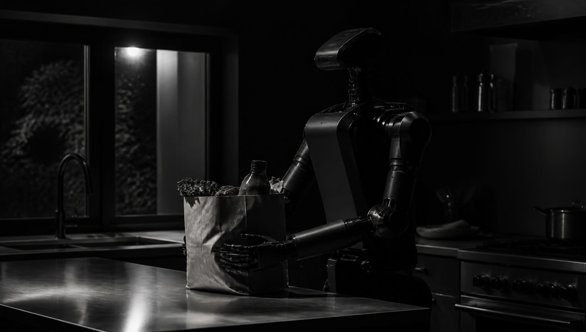 Humanoid service robot standing still in a dark residential kitchen at night, holding a grocery bag on a steel counter