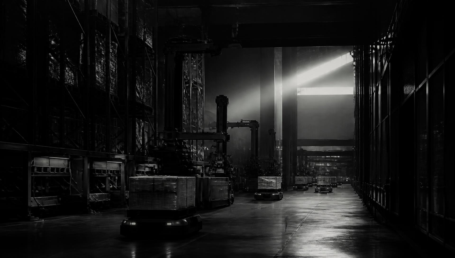 Dark automated logistics hall at night with robotic gantries and autonomous mobile robots moving pallets between steel racking