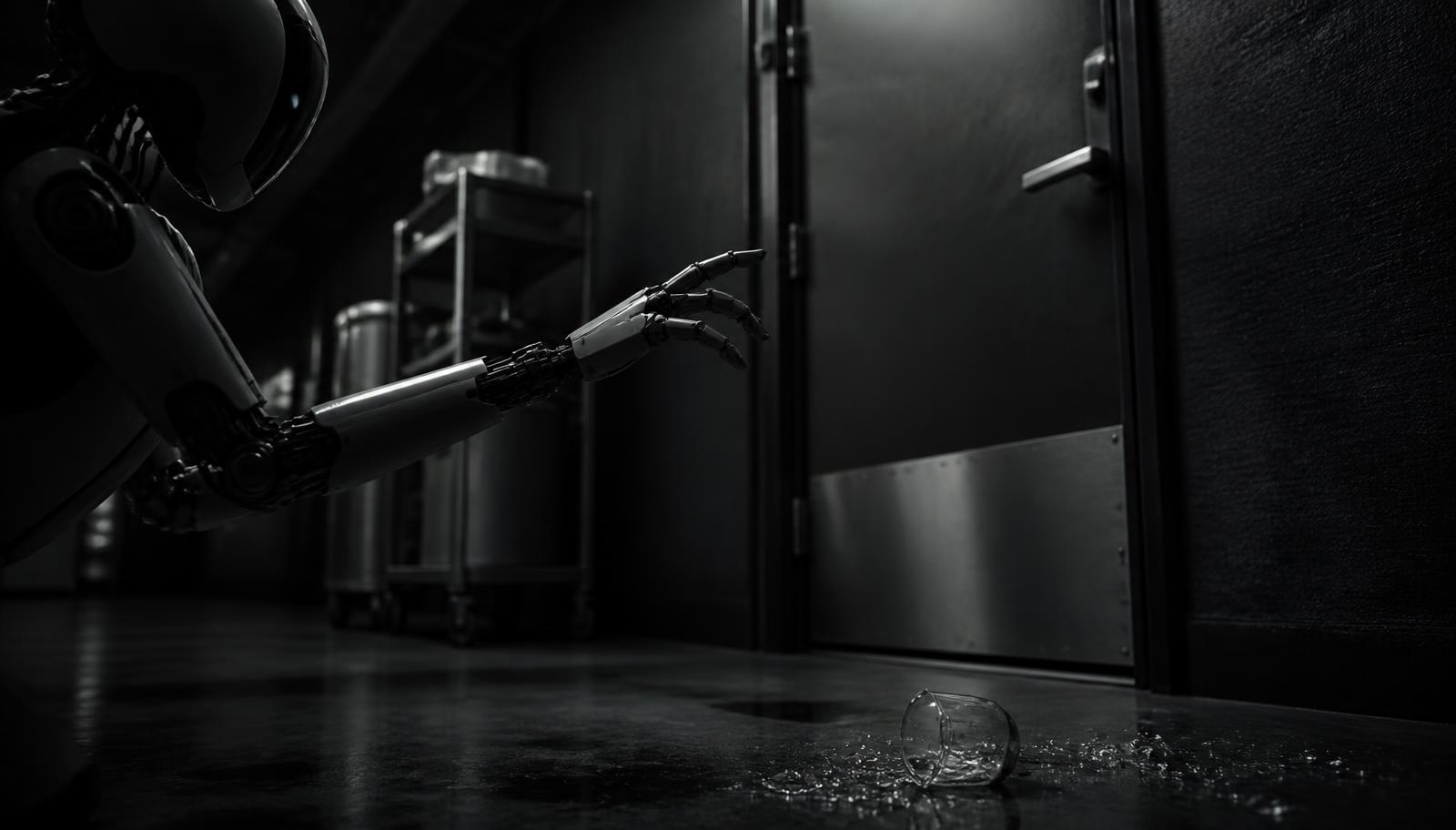 Service robot arm paused in front of a closed steel service door in a dark corridor, a dropped glass shattered on the floor