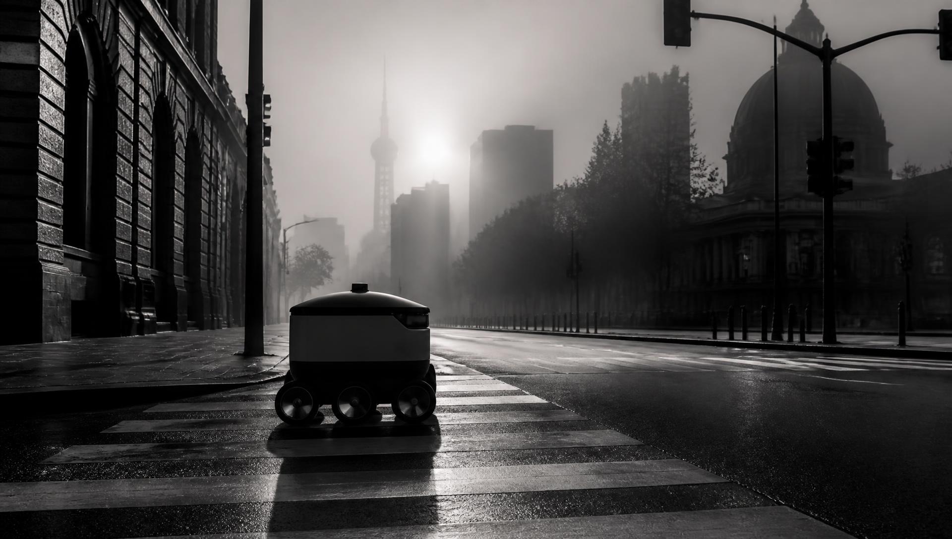 Unbranded wheeled delivery robot crossing an empty city crosswalk at dawn in fog