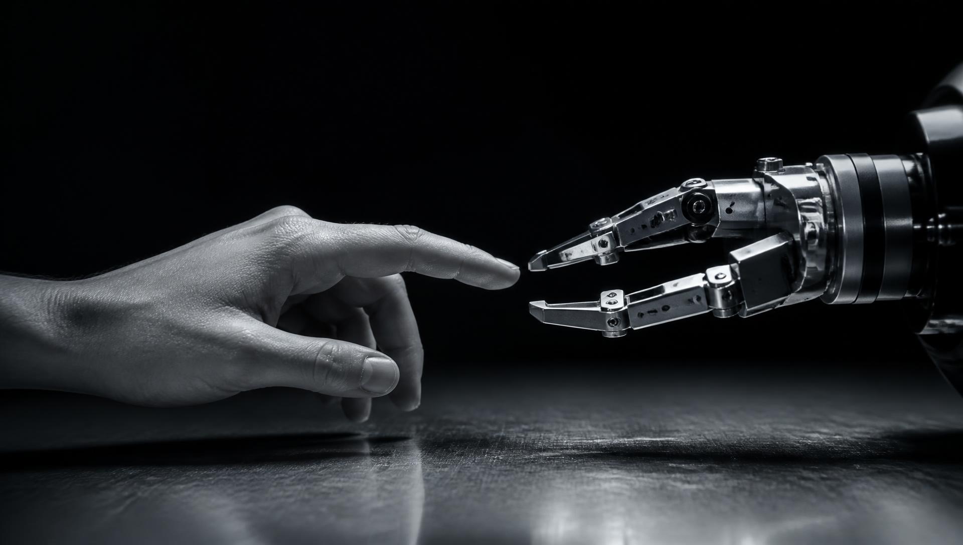 Human hand and machined robotic gripper reaching toward each other over a brushed steel surface
