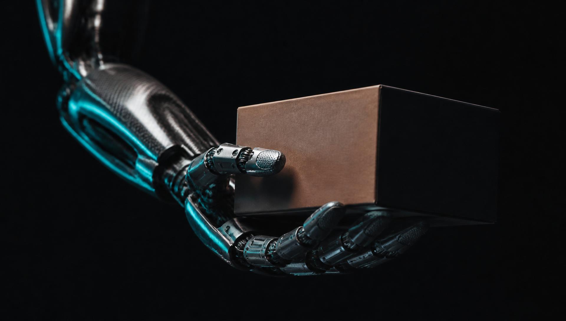 Close view of a humanoid robot hand with machined joints holding a plain package in near-darkness