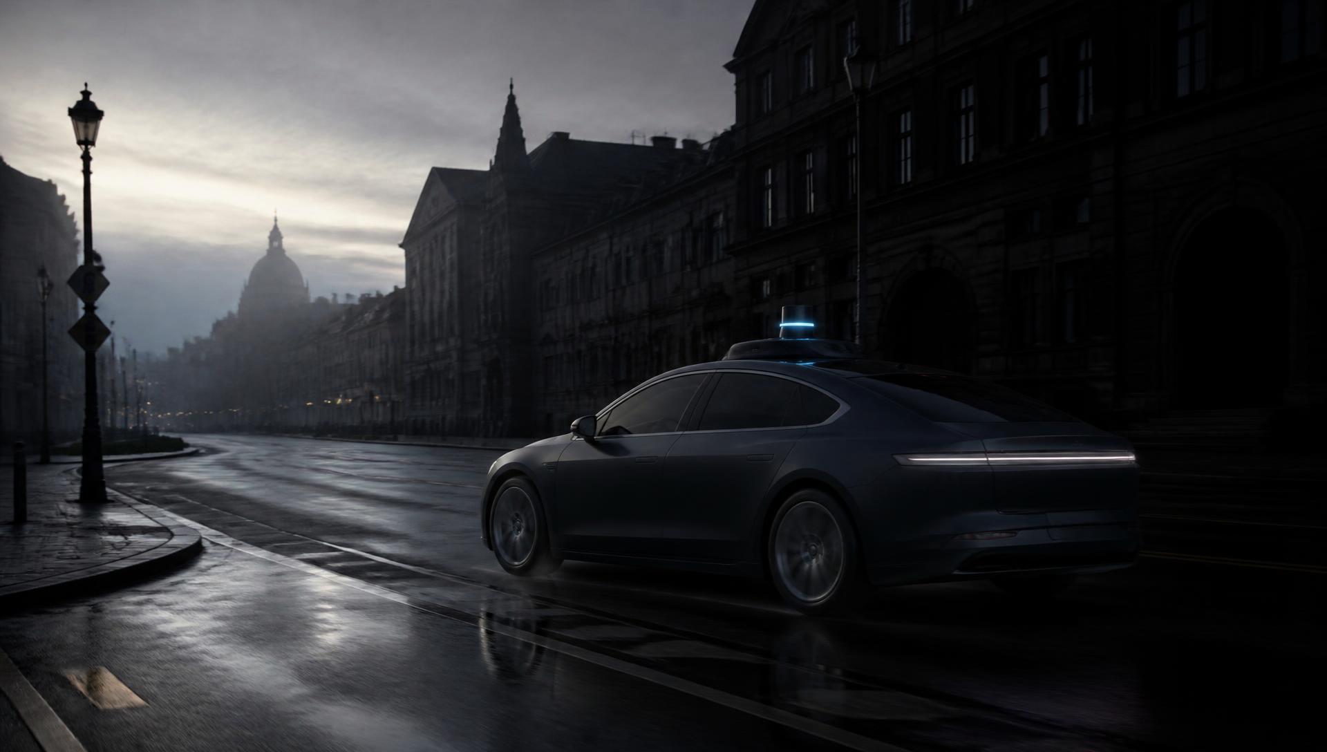Unbranded autonomous sedan with a roof sensor pod driving through an empty European city street at dawn